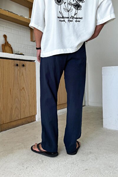 Flaw Wear Navy Blue Elastic Waist Muslin Fabric Trousers