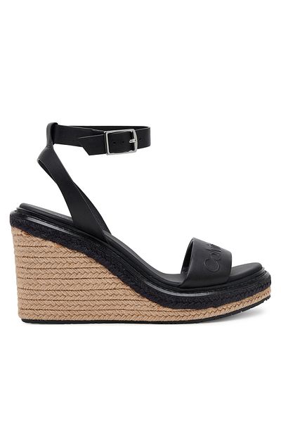 Calvin Klein Women's Open Toe Logo Embossed Ankle Buckle Closure High Heels Leather Black Sandals Hw0Hw023