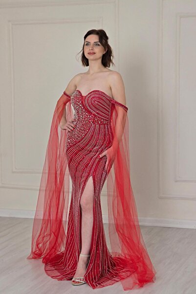 Yonca Moda Evi Kırmızı Tül Detaylı Abiye 910
