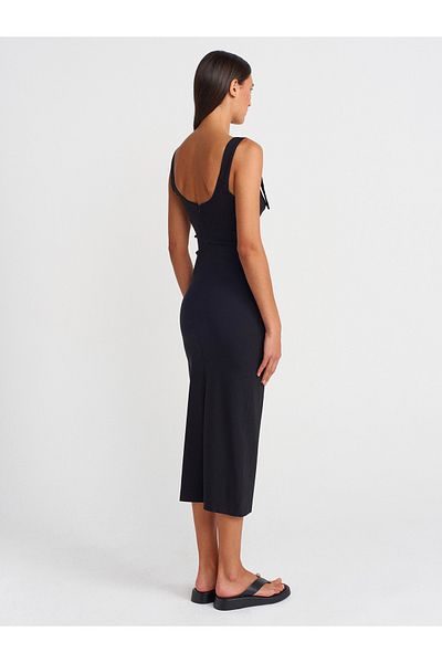 Dilvin 90919 Buckle Strap Midi Dress-Black