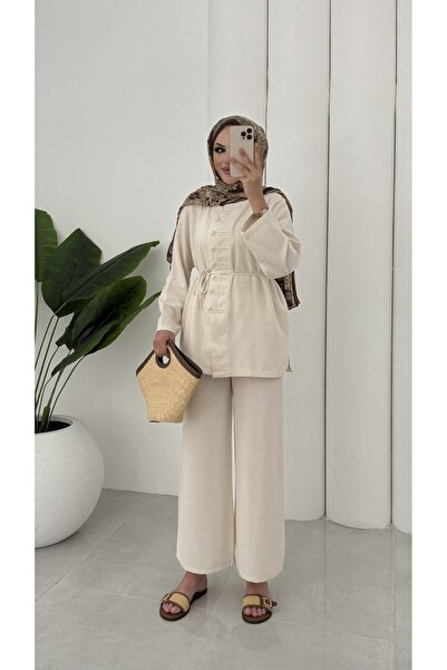 Miraydın Butik Women's Button and Belt Detailed Linen Suit M15809 - Beige