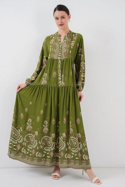 Aymood 2423 Authentic Patterned Hijab Dress - D.Khaki