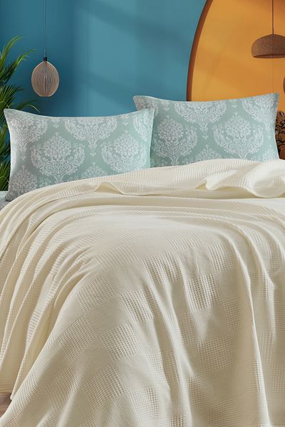 Eponj Home Fitted Sheet Pique Set Double 100% Cotton 4 Piece Post Patterned Cream – Weave Series