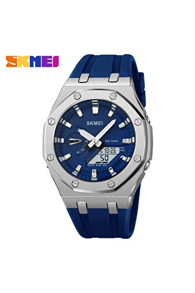 Choice1 ساعة SKMEI 2243 للرجال باللون الفضي والأزرق الداكن، ساعة إلكترونية مت...