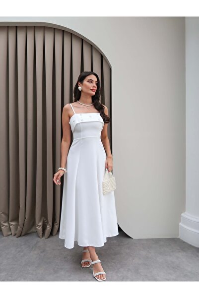 ESRAHELVACI İnce Askılı Göğüs İnci İşlemeli Elbise