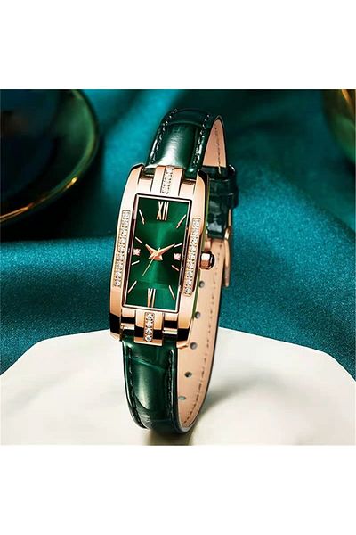 Choice Green Womens Watches Fashion Square Ladies Quartz Watch Bracelet Set Green Dial Simple Leather Luxur
