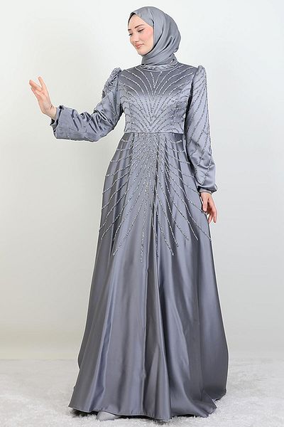 GİYZAMİLA Gülfem Satin Evening Dress Gray