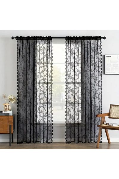 Choice Fixed Pleat 140x244cm DL 1pc Vintage Floral Embroidery Clear Black Lace Curtain Panel - Privacy & Li