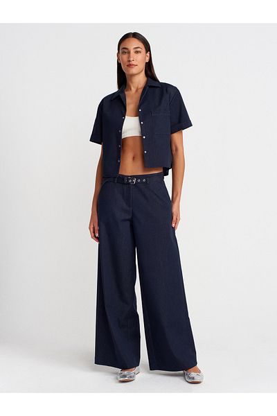 Dilvin 71665 Belted Wide Leg Jean-Navy Blue