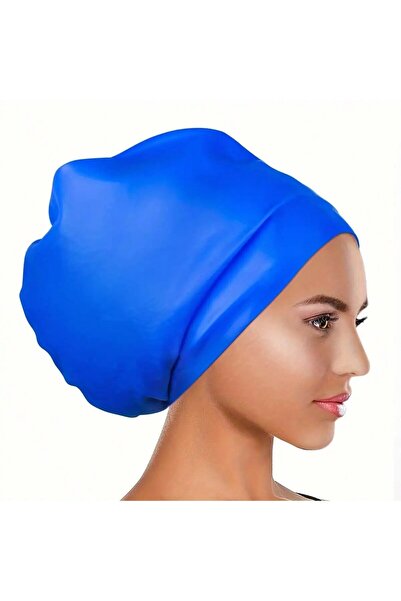 Choice قبعة سباحة كبيرة الحجم ذات شعر طويل باللون الأزرق، قبعة سباحة من السيل...