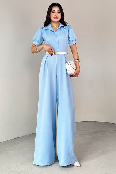 Cappmoda Elb-01795 Baby Blue Belted Shirt Collar Pleated Polyviscon Jumpsuit