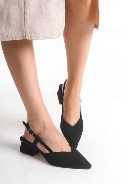 Shu Mhu Women's Young Black Satin 4 cm Heeled Straw Detailed Buckle Covered Heeled Shoes
