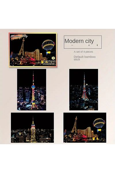 Choice Moden city Night Scene Scratch Art Urban Landscape Architecture Clip Art 4PCS Postcard Style Colorfu