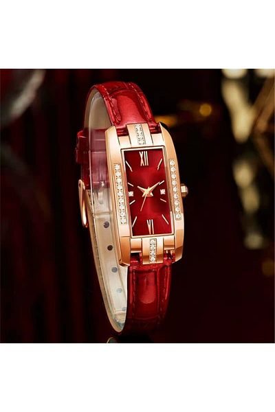 Choice Red Womens Watches Fashion Square Ladies Quartz Watch Bracelet Set Green Dial Simple Leather Luxury