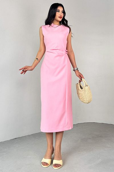 Cappmoda ELB-01789 Ροζ δερμάτινη ζώνη με λεπτομέρεια φερμουάρ στην πλάτη Φόρεμα Laminate Polyviscon
