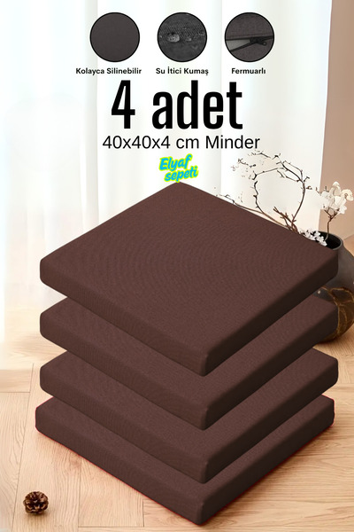 Elyaf Sepeti 4'lü Sandalye Minderi Fermuarlı Su Itici Kumaş 40x40x4 Cm Sünger...