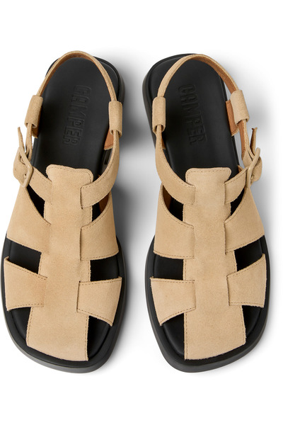 CAMPER Women's Beige Nubuck Sandals with Adjustable Buckle and Thick Heel Style Closed Toe