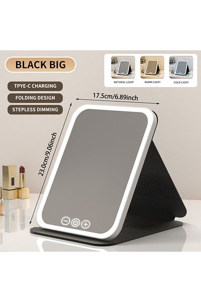 Choice big black 3 Colors Dimmable LED Makeup Mirror with Touch Screen Fold Cosmetic Makeup Mirror Recharge