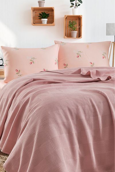 Eponj Home Fitted Sheet Pique Set Double 100% Cotton 4 Piece Alanur Patterned Powder – Weave Series
