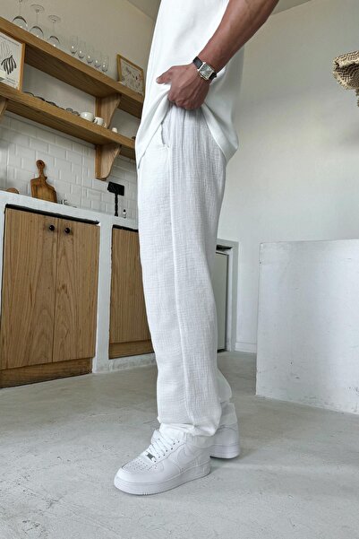 Flaw Wear Beyaz Bel Lastikli Müslin Kumaş Pantolon