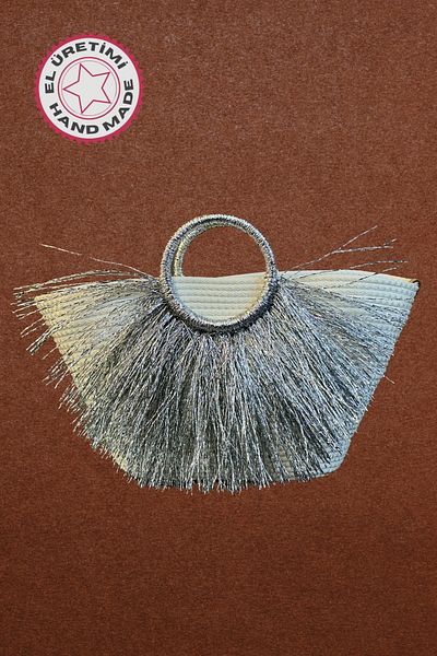 Uretti - Ayşe 4723 2092 Handmade Tress Rope Round Handle Metallic Silver Rope Tassel Beach Bag - g