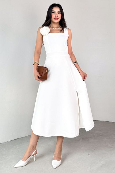 Cappmoda Elb-01794 White Square Neck Rose Detail Side Zipper Dress