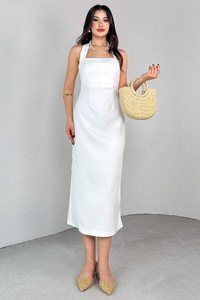 Cappmoda ELB-01791 Φόρεμα με λευκό λαιμό και λουράκι από πλαστικοποιημένο πολυβισκόνη με σχισμή στην πλάτη