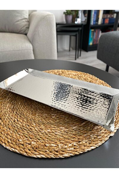 Layla Copper Dikdörtgen Gümüş Renk Dövme Desenli Bakır Kurabiyelik-Sunumluk 15*32 cm