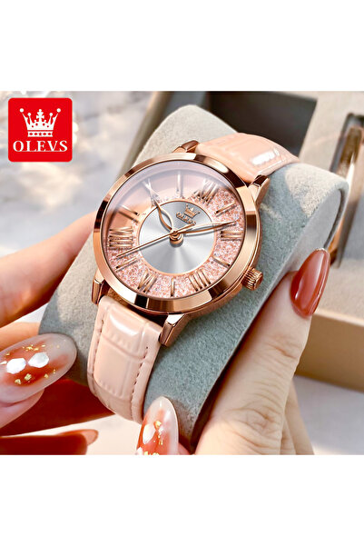 Choice ساعة كوارتز OLEVS 5539 وردية اللون للنساء بتصميم كريستال متدفق ومقياس ...