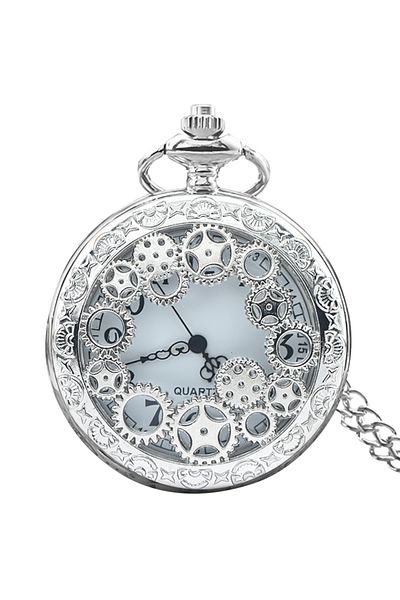 Choice Silvery Black Hollow Gear Carved Quartz Pocket Watch Necklace Pendant Clock Chain Men Women Memorial