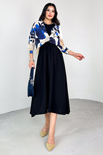 Cappmoda Elb-01799 Blue Patterned Shirt Detailed Strap Aerobin Fabric Summer Dress