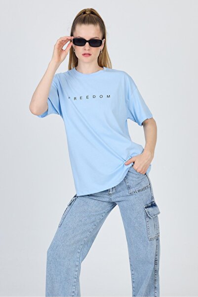 Rays تي شيرت كبير الحجم مطبوع عليه نص أزرق 100% قطن 2150-3M