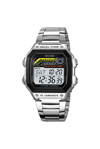 Skmei ساعة سكيمي 2307 للرجال، ساعة توقيت كرونوغراف للعد التنازلي، مقاومة للماء حتى 5 بار، من الفولاذ الفضي، مع منبه خلفي
