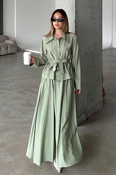 Olcay Sash Detailed Skirt Jacket Set Light Green 9348-Tk
