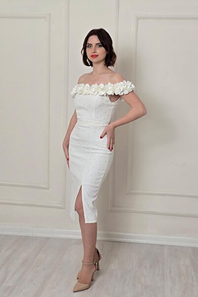 Yonca Moda Evi Beyaz Güllü İncili Kısa Abiye 8321