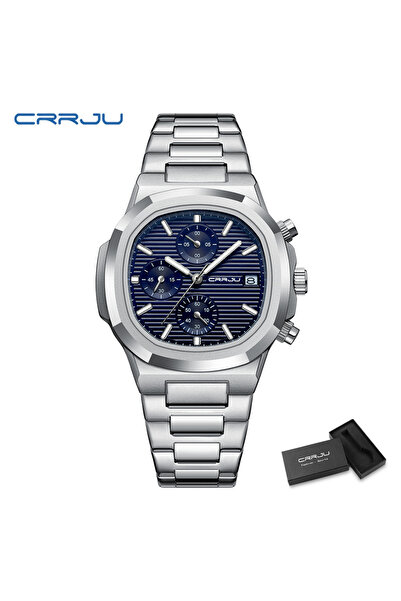 Choice ساعة رجالية فاخرة CRRJU بعلبة فضية زرقاء مقاومة للماء مع تاريخ مضيء من...