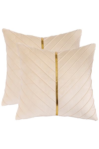 Choice 450mm*450mm Beige 2Pcs Velvet Throw Pillow Covers 18x18 Pack of 2 with Gold Leather Decorative Couch