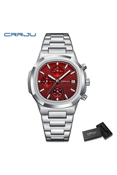 Choice ساعة رجالية فاخرة CRRJU بعلبة فضية حمراء مقاومة للماء من الفولاذ المقا...