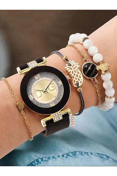 Choice black 5pcs Fashionable and Trendy Diamond Inlaid WOMEN'S Quartz Wristwatch with Bracelet Set