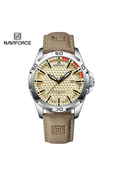 Naviforce Dark Khaki Men's Military Sport Watch - Waterproof Quartz With Calendar & Leather Strap