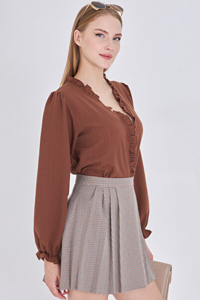 armonika Γυναικεία ανοιχτό καφέ γιακά και βολάν μπροστά με λεπτομέρεια μανίκια ελαστική μακρυμάνικη μπλούζα ARM-25K001030