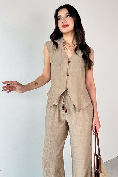 Cappmoda TKM-13314 Μοντέρνο γιλέκο με γιακά και δεμένο λεπτομερές φαρδύ παντελόνι δύο τεμαχίων