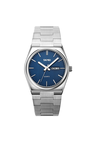 Skmei ساعة سكيمي 9288 كوارتز فضية زرقاء للرجال مقاومة للصدمات من الفولاذ المقاوم للصدأ، تاريخ الأسبوع، رياضية، مقاومة للماء