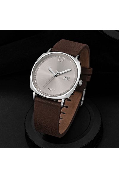 Choice Brown silver TOMI Men's Watch Minimalist Fashion Sports Watch Calendar Leather Casual Quartz Watch