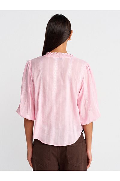 Dilvin 5807 Rib Detailed Balloon Sleeve Shirt-Light Pink