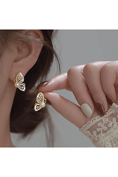 İnci zarif kelebek figürlü İnci küpe