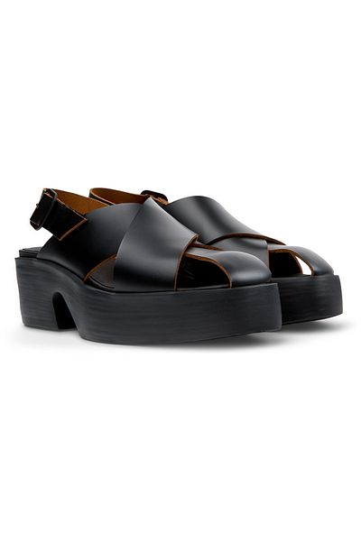 CAMPER Women's Black Genuine Leather Sandals with Adjustable Buckle and Thick High Heels Billie