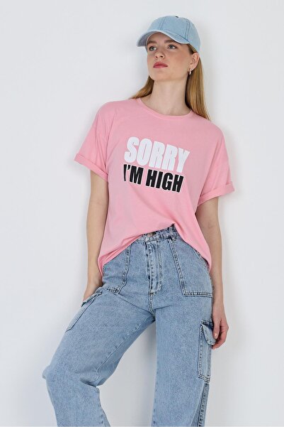 Rays تي شيرت كبير الحجم مطبوع عليه نص وردي 100% قطن 2150-7M