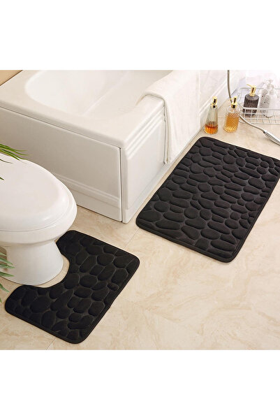 Choice 2-piece set black 2PC embossed stone pattern toilet mat door mats abso...