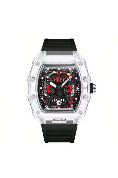 Choice ساعة كوارتز رجالية جديدة ذات وجه أسود وعلبة شفافة وحزام من السيليكون وتقويم مضيء وساعات يد Leis